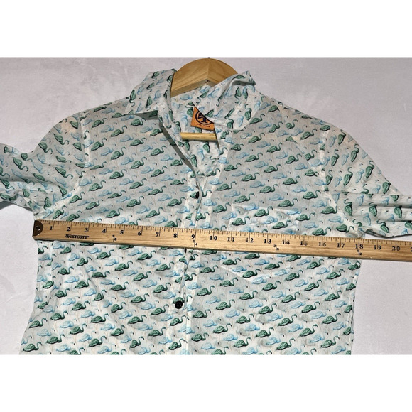 Tory Burch Flamingo Shirt Womens XS White Green Button Up Roll Tab Lightweight - Picture 9 of 14